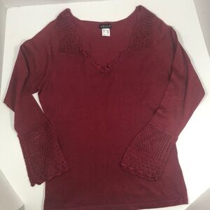 Venus Women's Crochet Long Sleeve V Neck Sweater Top Wine Size L